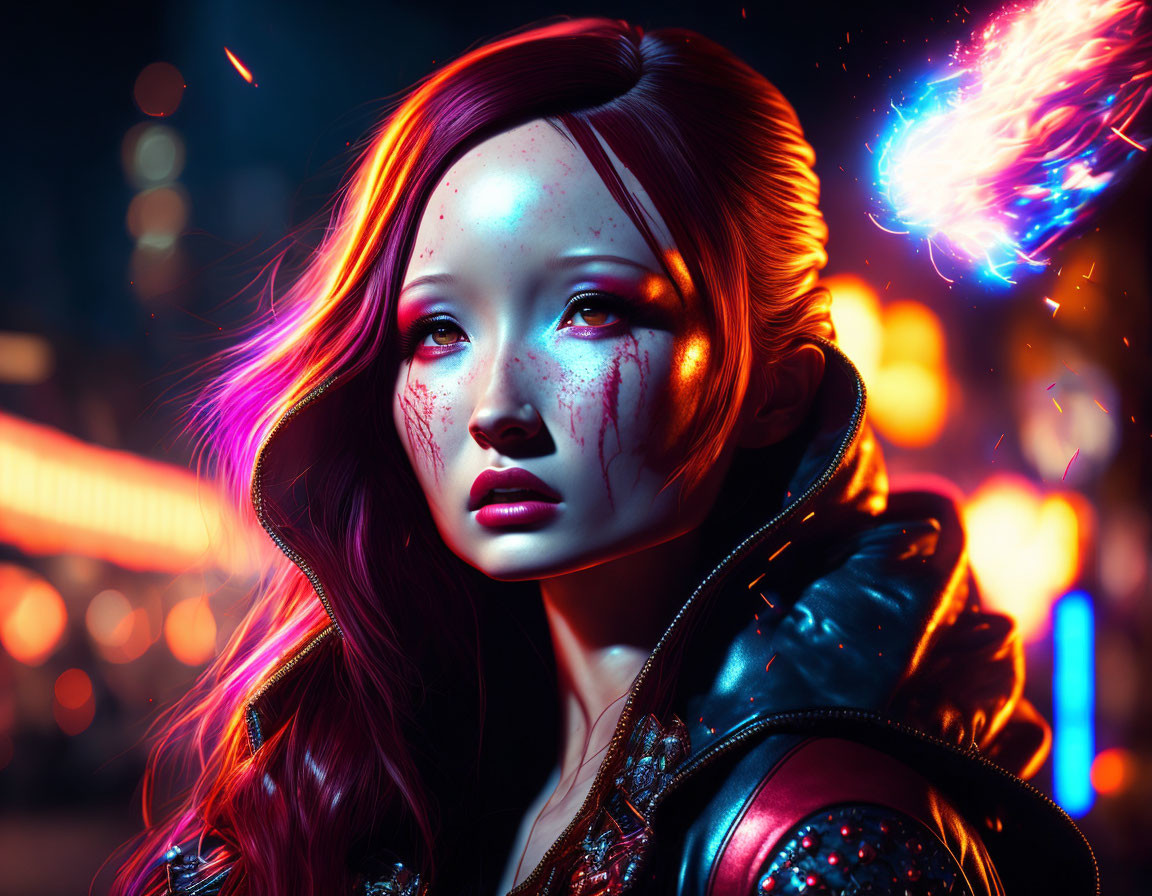 Digital artwork featuring woman with red hair and cybernetic features in neon-lit cityscape.