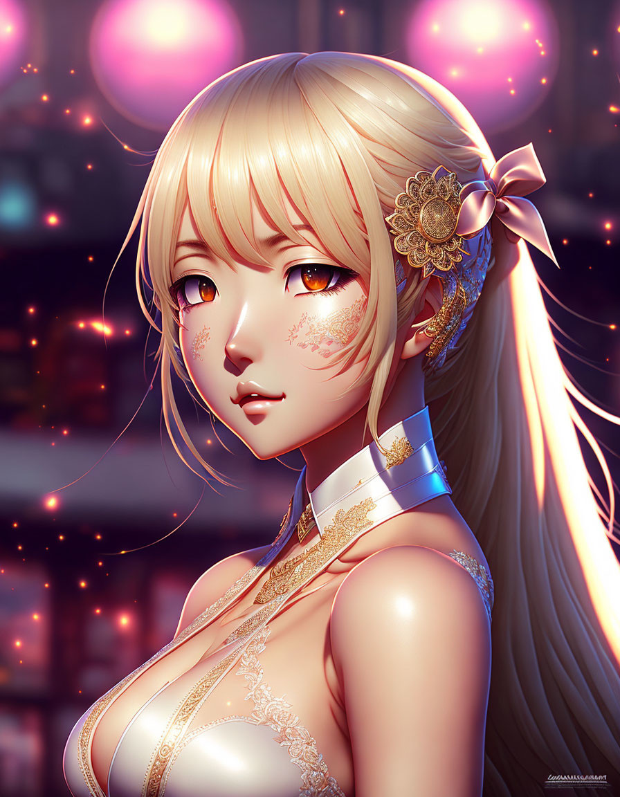 Blonde-haired female character with gold headpiece in digital portrait