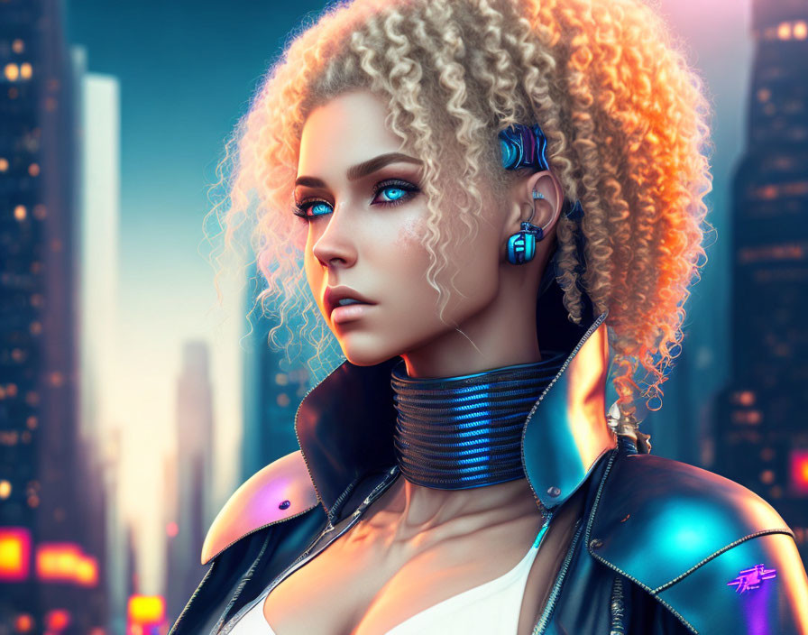 Blonde Curly-Haired Woman with Cybernetic Earpiece in Futuristic City