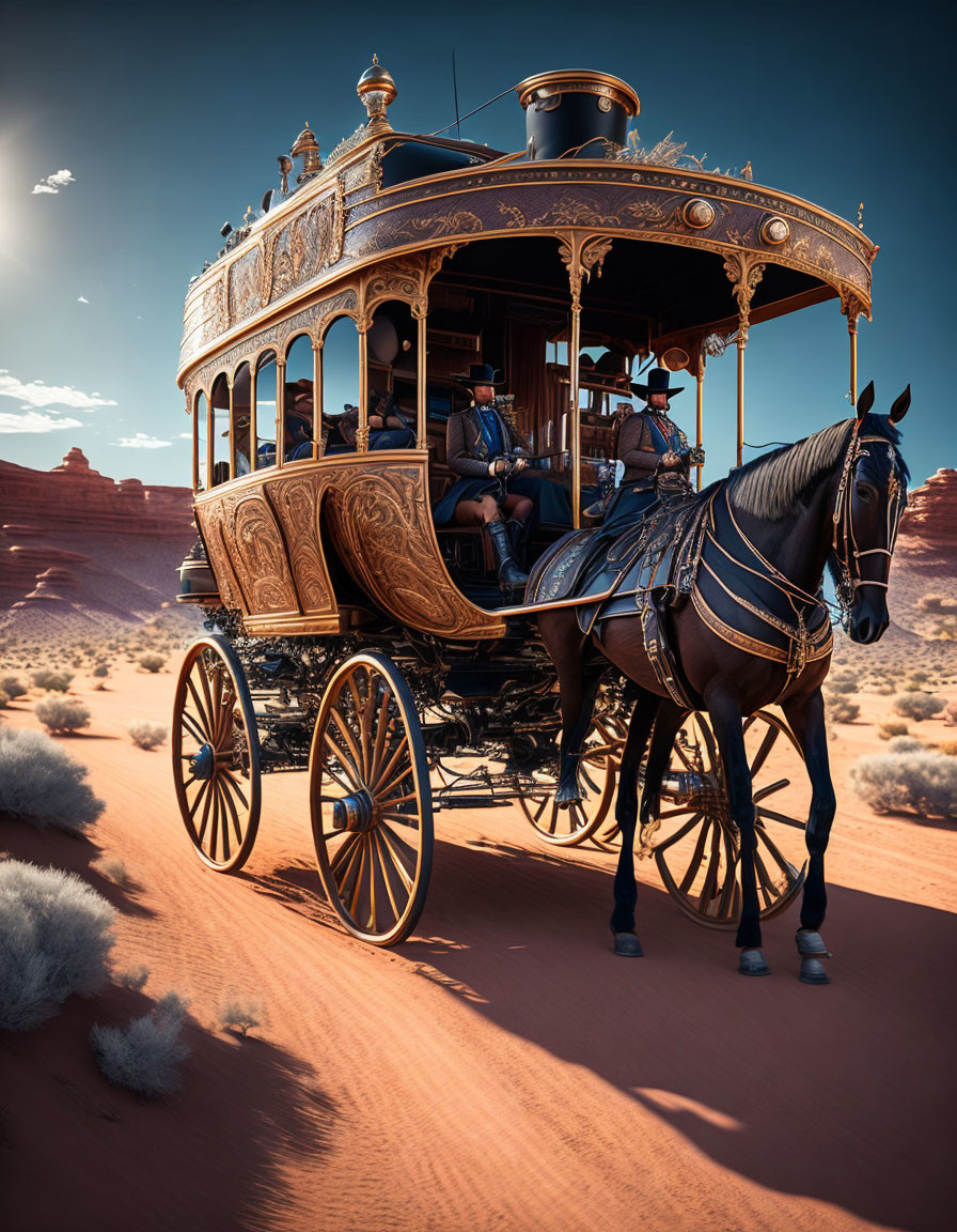 Ornate stagecoach with passengers in desert landscape