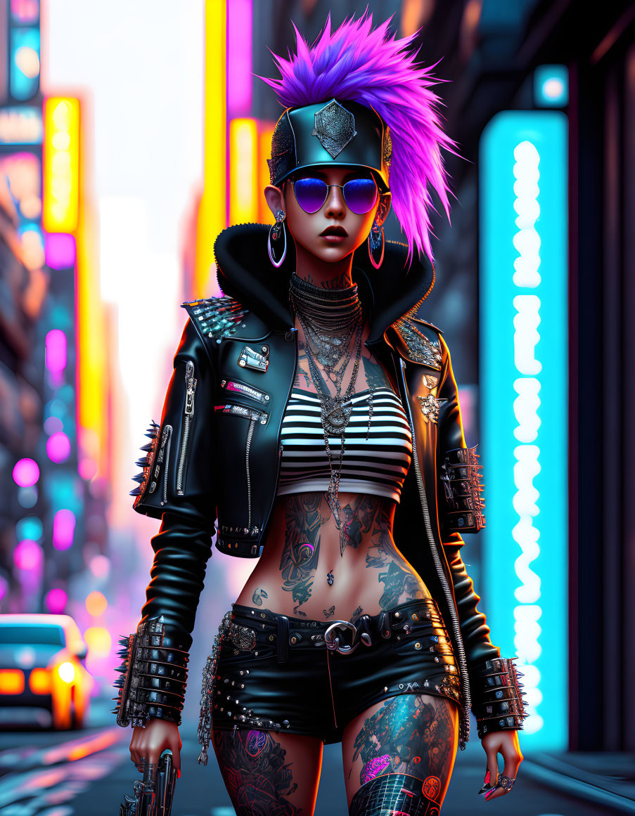 Stylized punk woman with pink hair and tattoos in urban neon setting