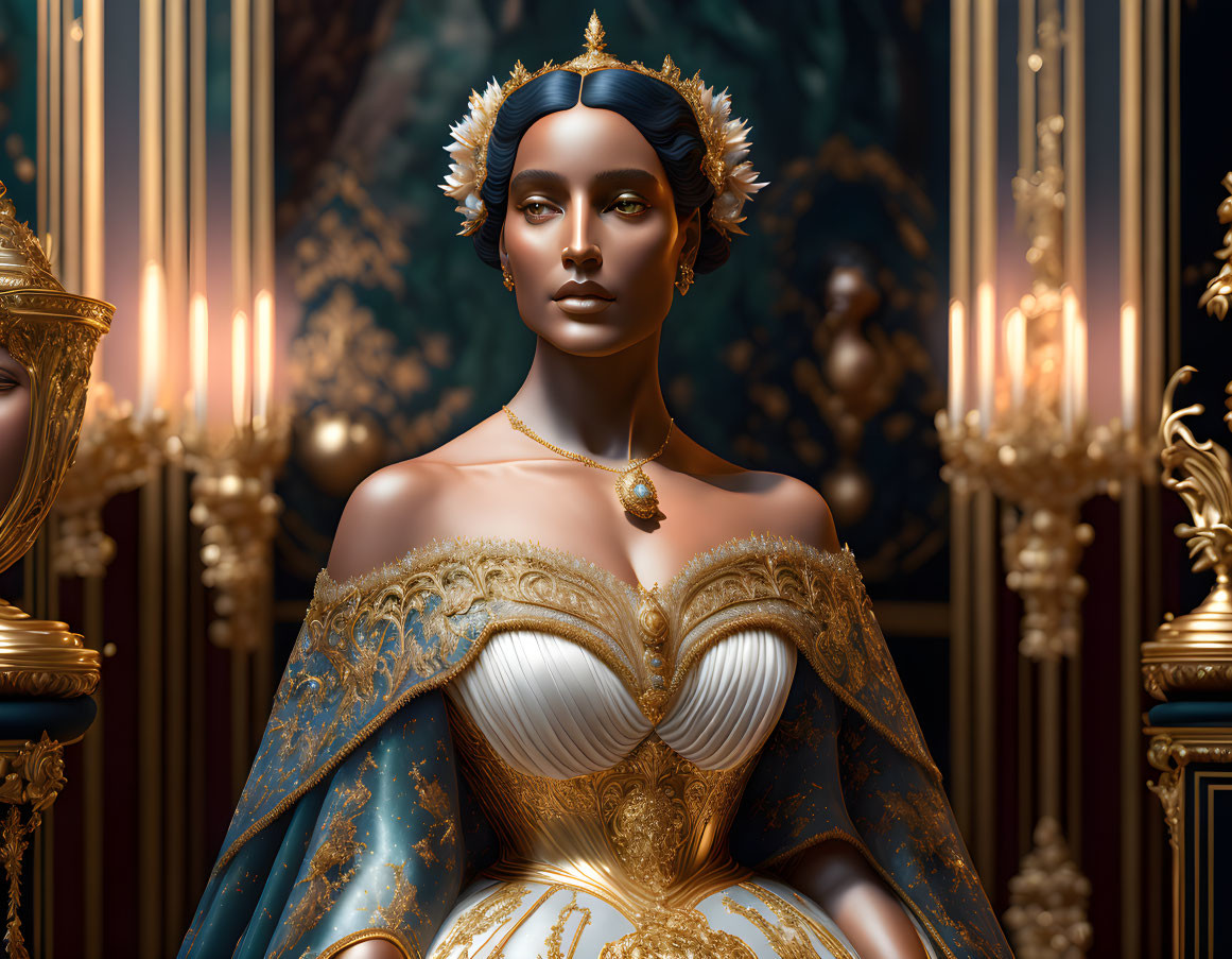 Regal woman in opulent dress with blue cape and gold embroidery