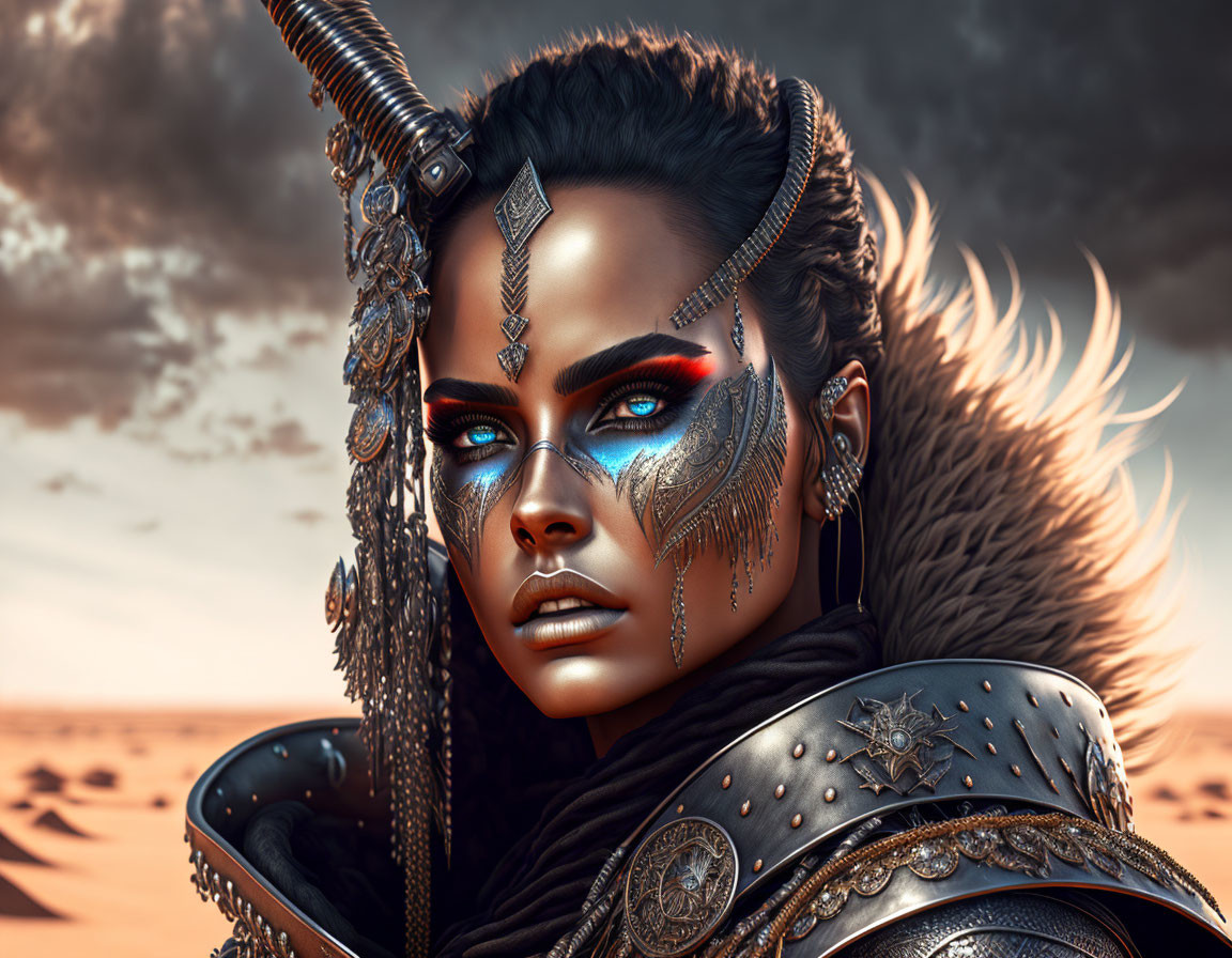 Female warrior digital artwork: blue-eyed, ornate armor, desert backdrop