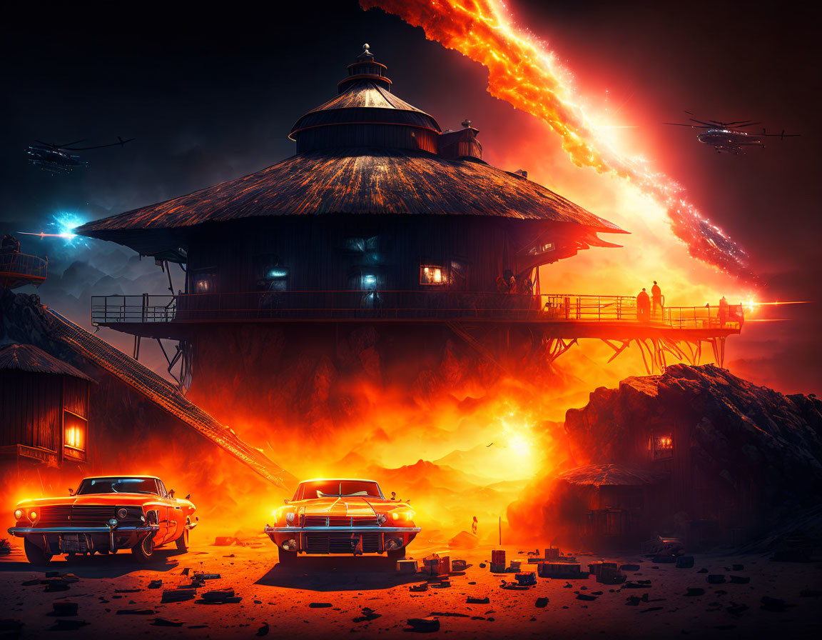 Futuristic domed structure on volcanic landscape with classic cars and flying vehicles.