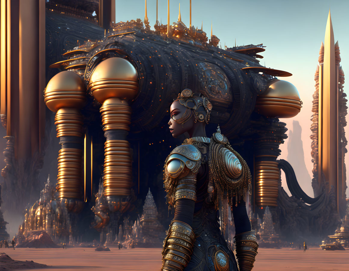 Golden-armored female android in futuristic desert landscape