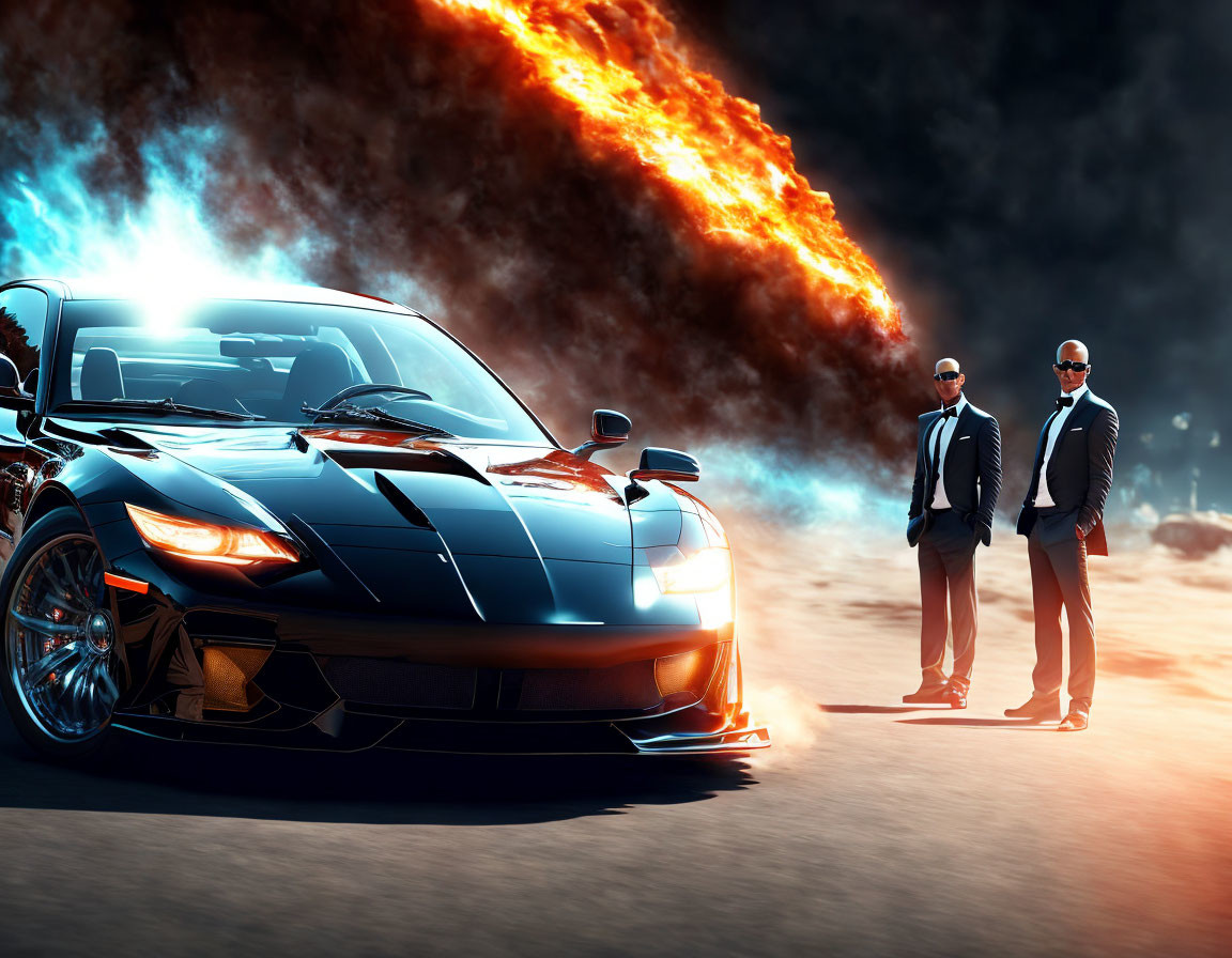 Two men in suits with sports car and explosion.