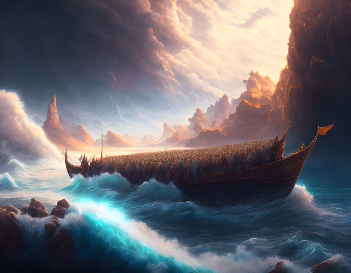 Viking longship sailing on stormy seas with dramatic sky