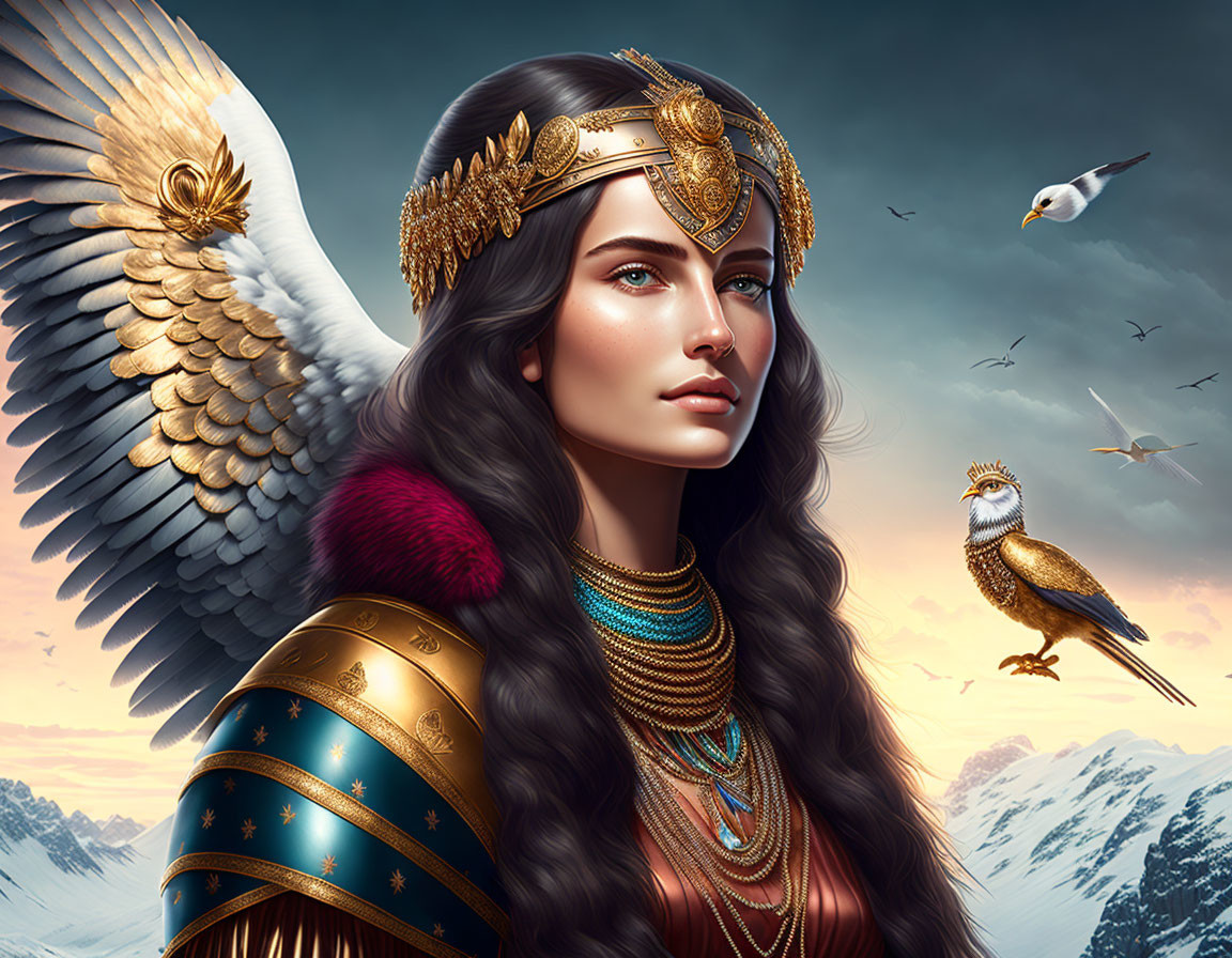 Illustrated female warrior with long hair, golden crown, armor, fur collar, and owl on arm