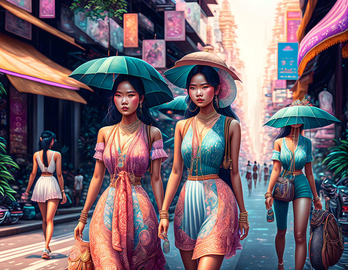 Women with umbrellas in neon-lit futuristic urban street