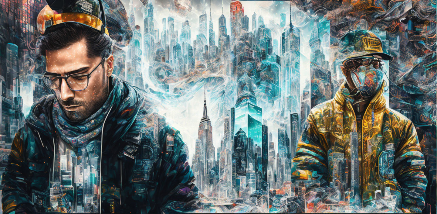 Stylish individuals in front of vibrant futuristic cityscape