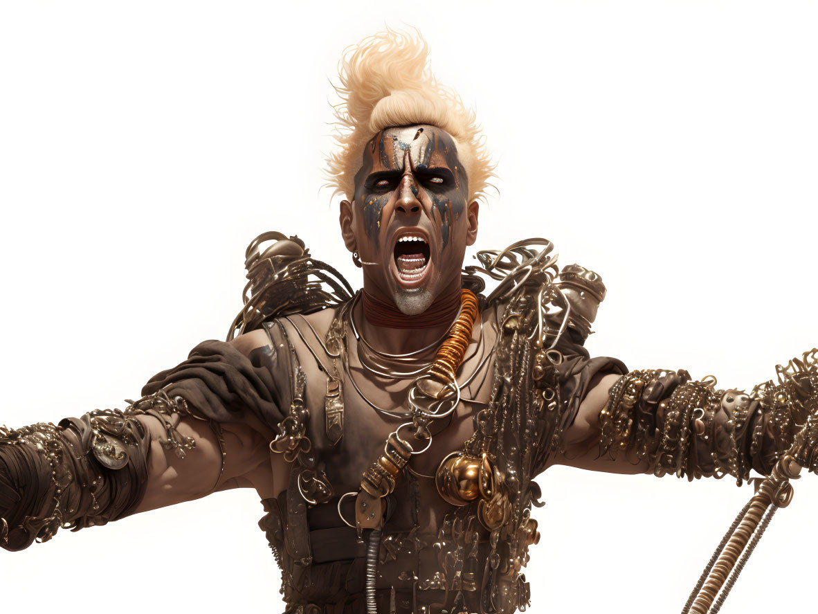 Punk-like character with mohawk and metallic accessories shouting