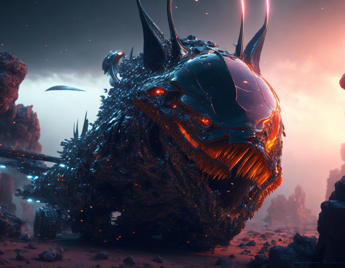 Imposing dragon-like creature with glowing eyes in dusky rocky landscape