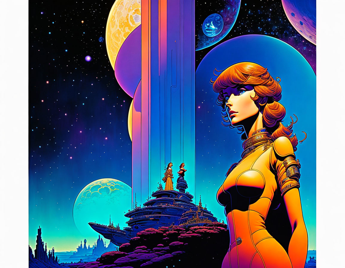 Futuristic illustration of stylized woman with cosmic backdrop.