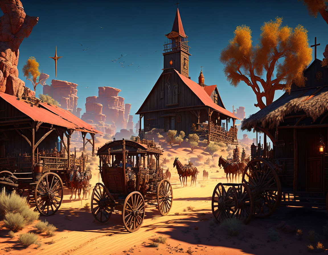 Traditional Wild West town scene with wooden buildings, church, wagons, and autumn trees