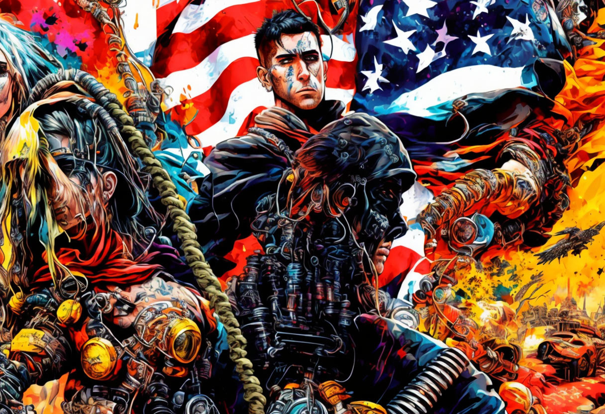 Digital artwork: Three edgy characters against American flag backdrop.