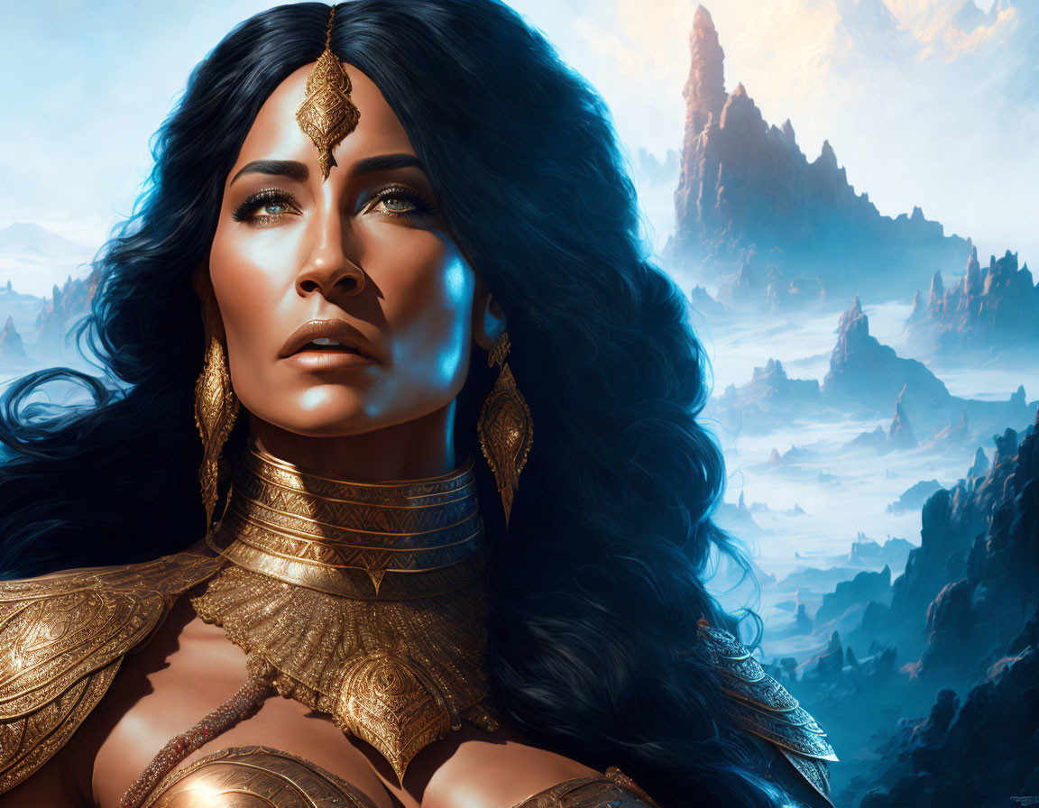 Fantasy artwork: Woman in golden armor against mountainous backdrop