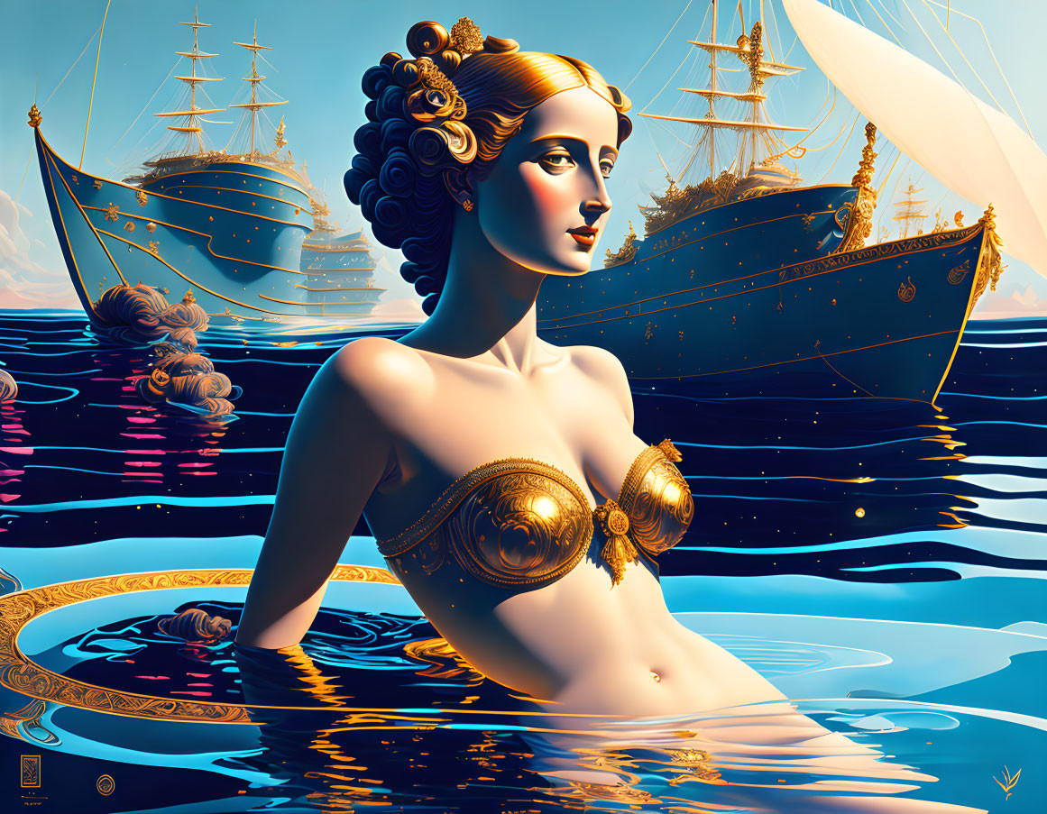 Illustrated woman adorned with seashells emerges from water with golden ships and stylized waves under blue