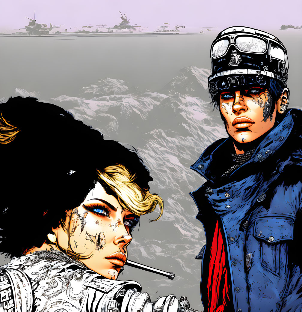 Stylized characters in rugged attire with helicopters in a desolate landscape