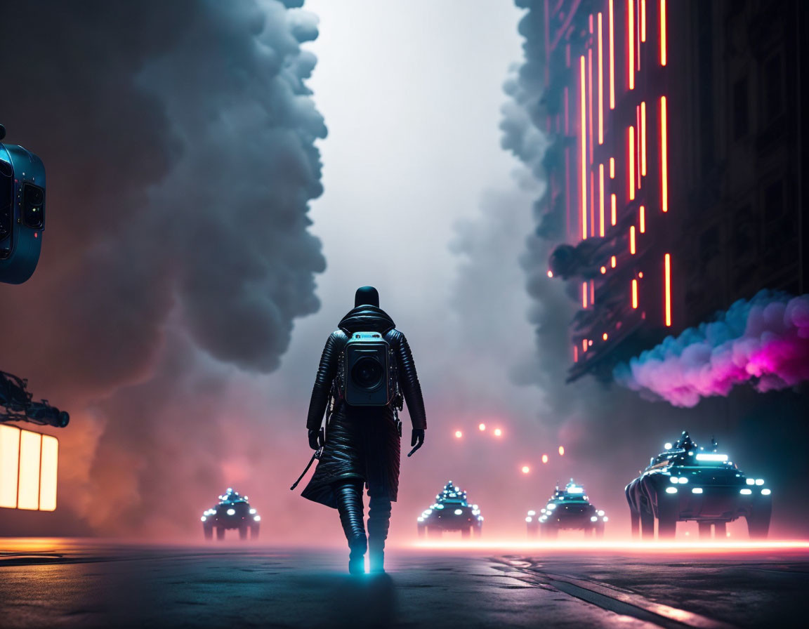 Futuristic person in neon-lit cityscape with flying cars & colorful smoke