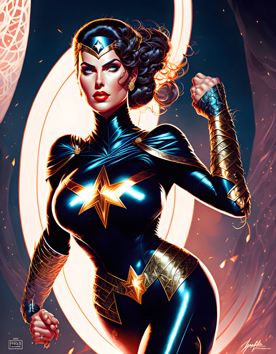 Superheroine illustration with golden tiara, bracelets, and starred costume