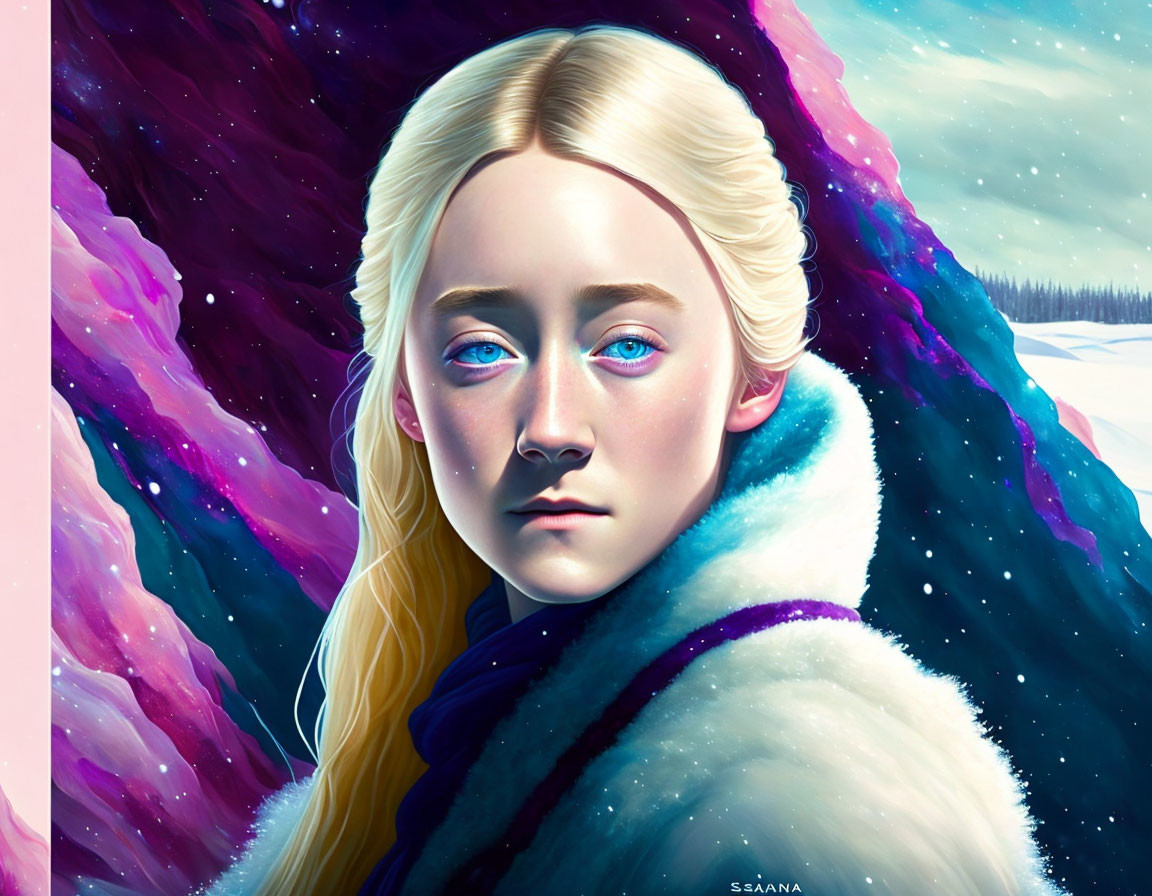 Blonde Girl in Fur Cloak with Blue Eyes in Snowy Cosmic Scene