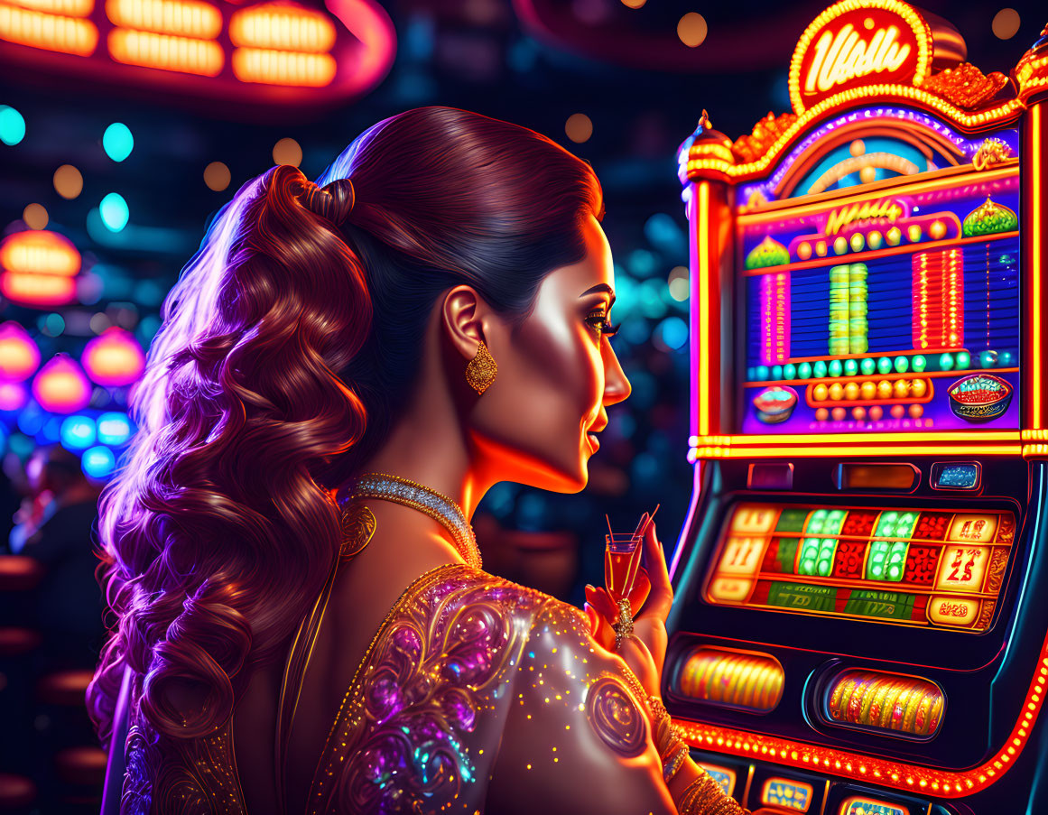 Stylish woman in glamorous dress playing slot machine in lively casino