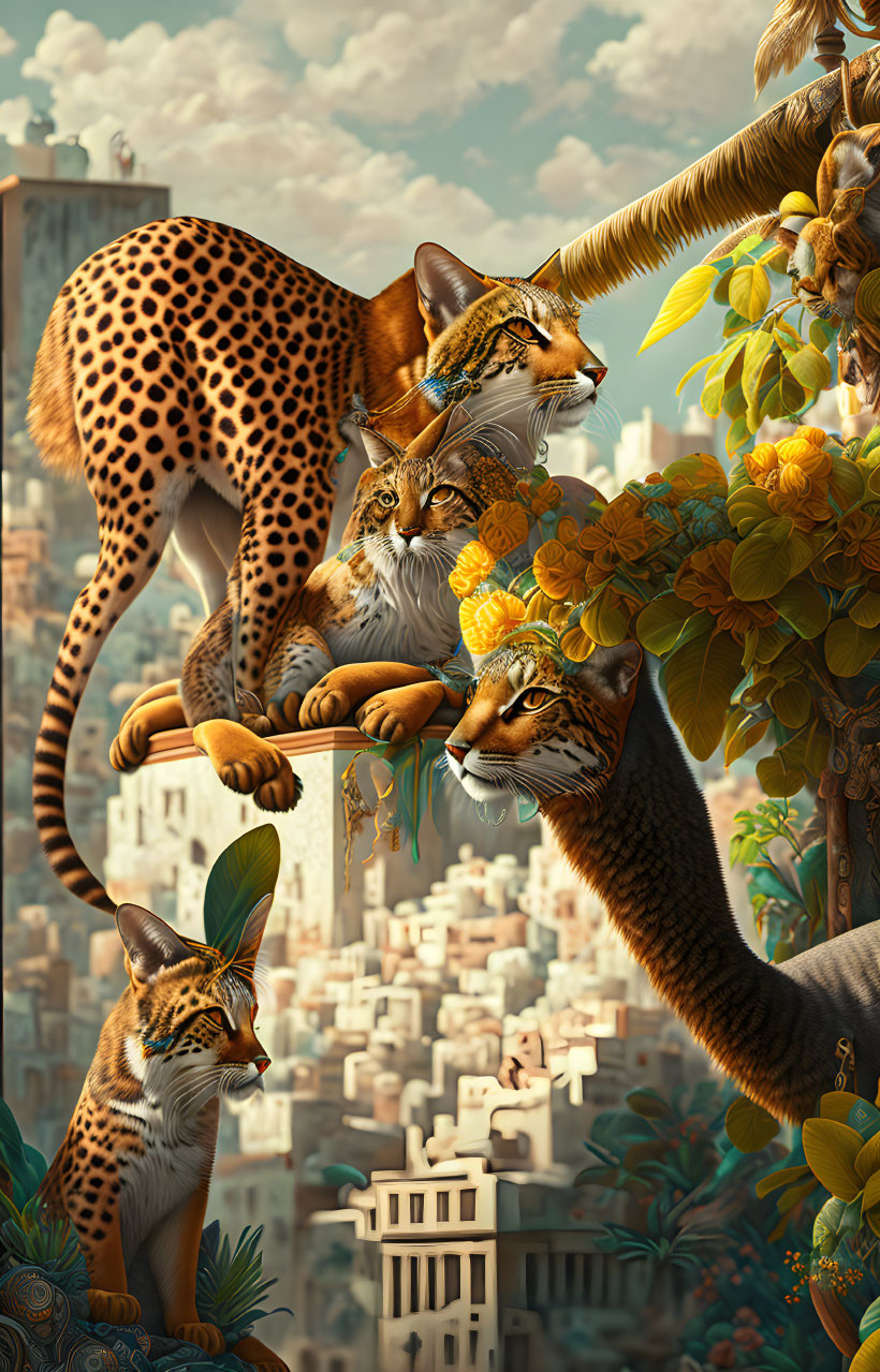 Surreal cheetahs with human faces on tree branch in old cityscape