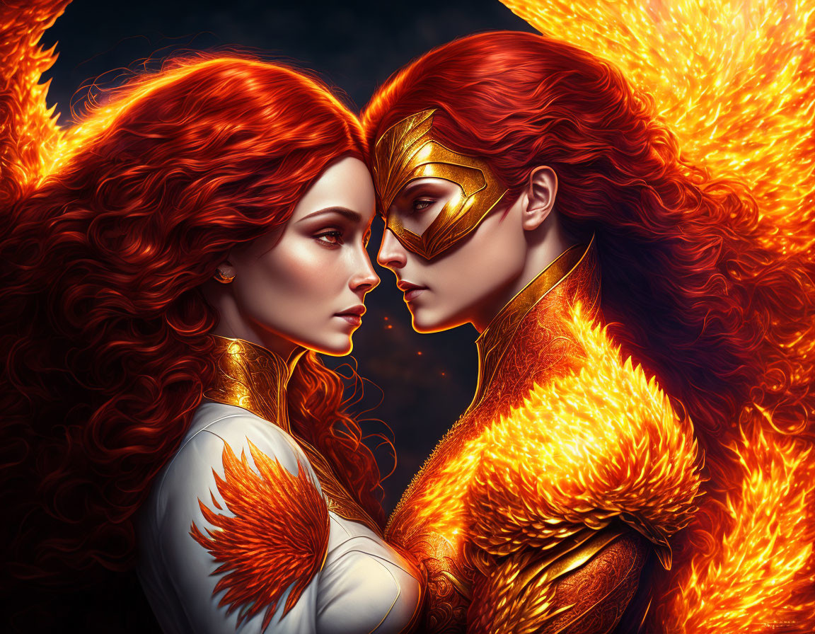 Fiery red-haired women in golden attire with masks, mystical dark background