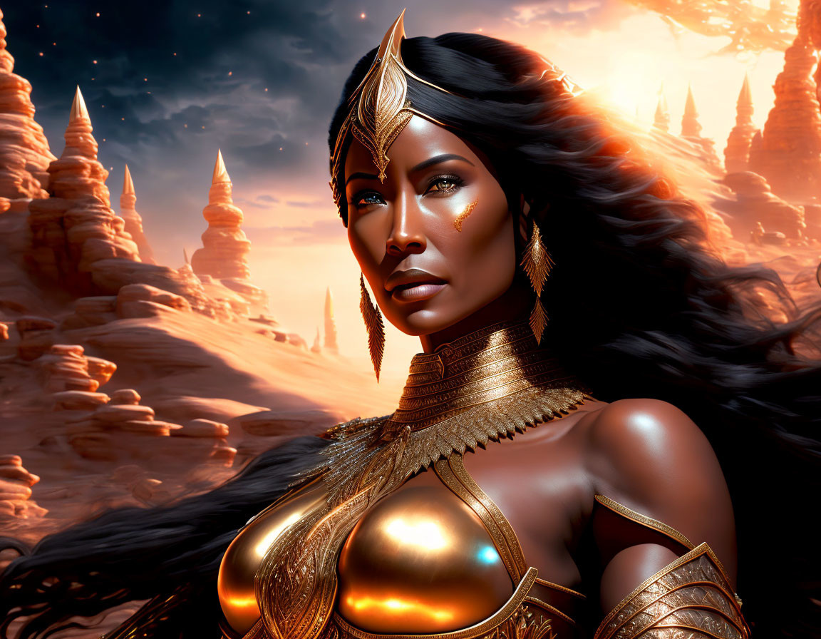 Digital artwork: Strong warrior woman in golden armor in desert landscape