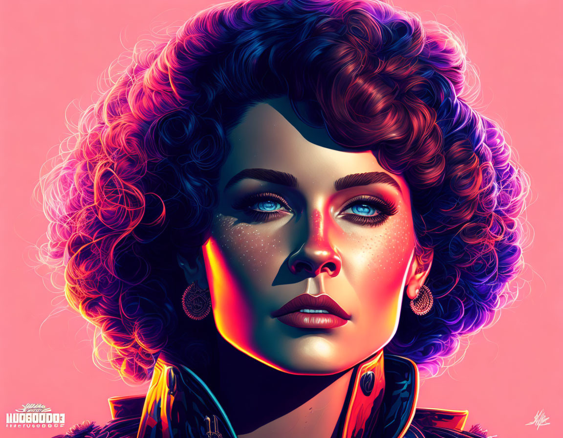 Colorful digital portrait of a woman with curly hair and blue eyes on pink background