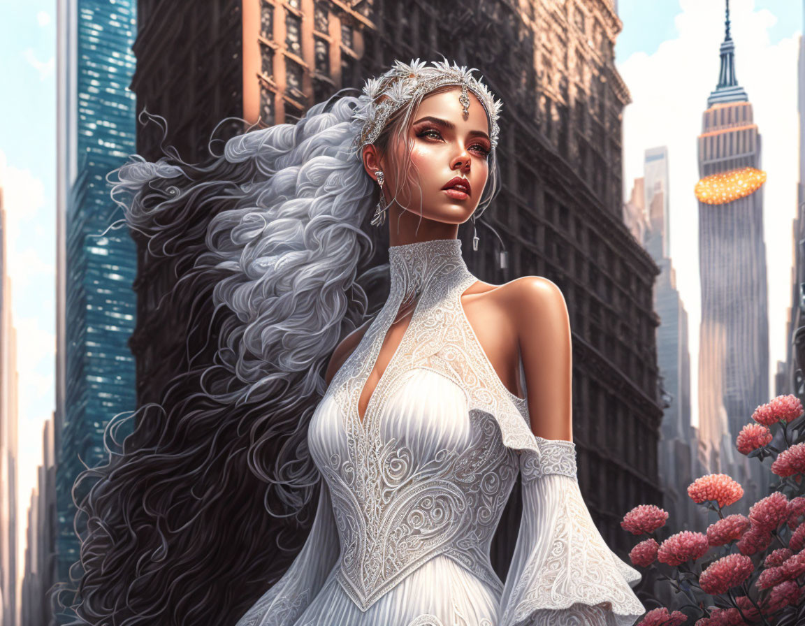 Silver-haired woman in white gown among urban skyscrapers with a fantasy twist