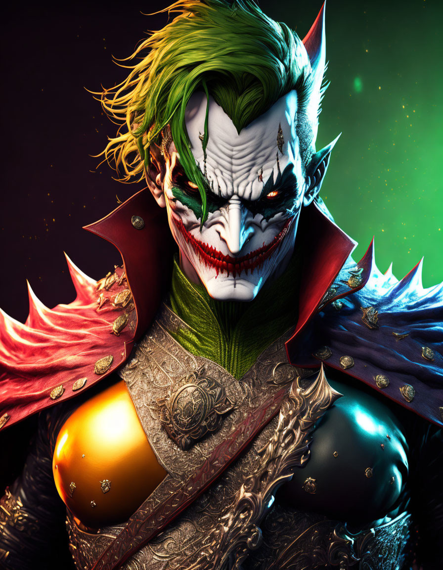 Character portrait with Joker-inspired makeup, green hair, medieval armor, and cosmic background.