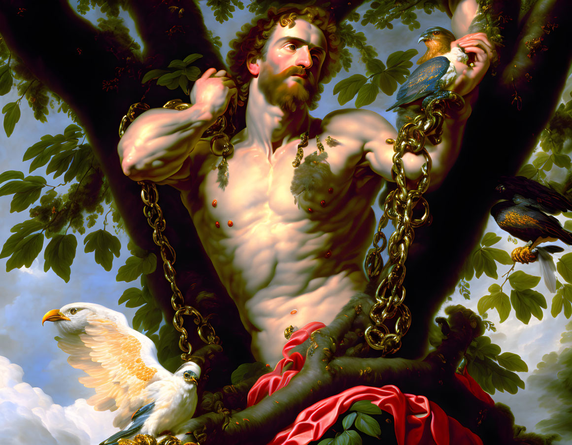 Classical painting: Man chained to tree, eagle pecking - symbolizes Prometheus myth