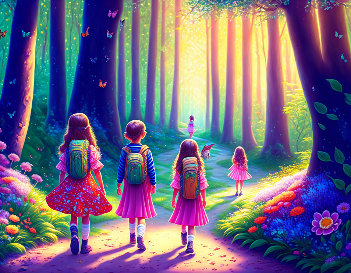 Four children in a sunlit forest with backpacks and butterflies.