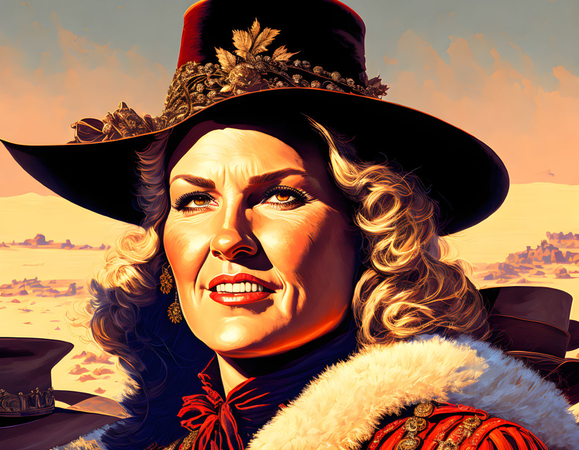 Stylized illustration of confident woman in wide-brimmed hat and fur collar in desert.