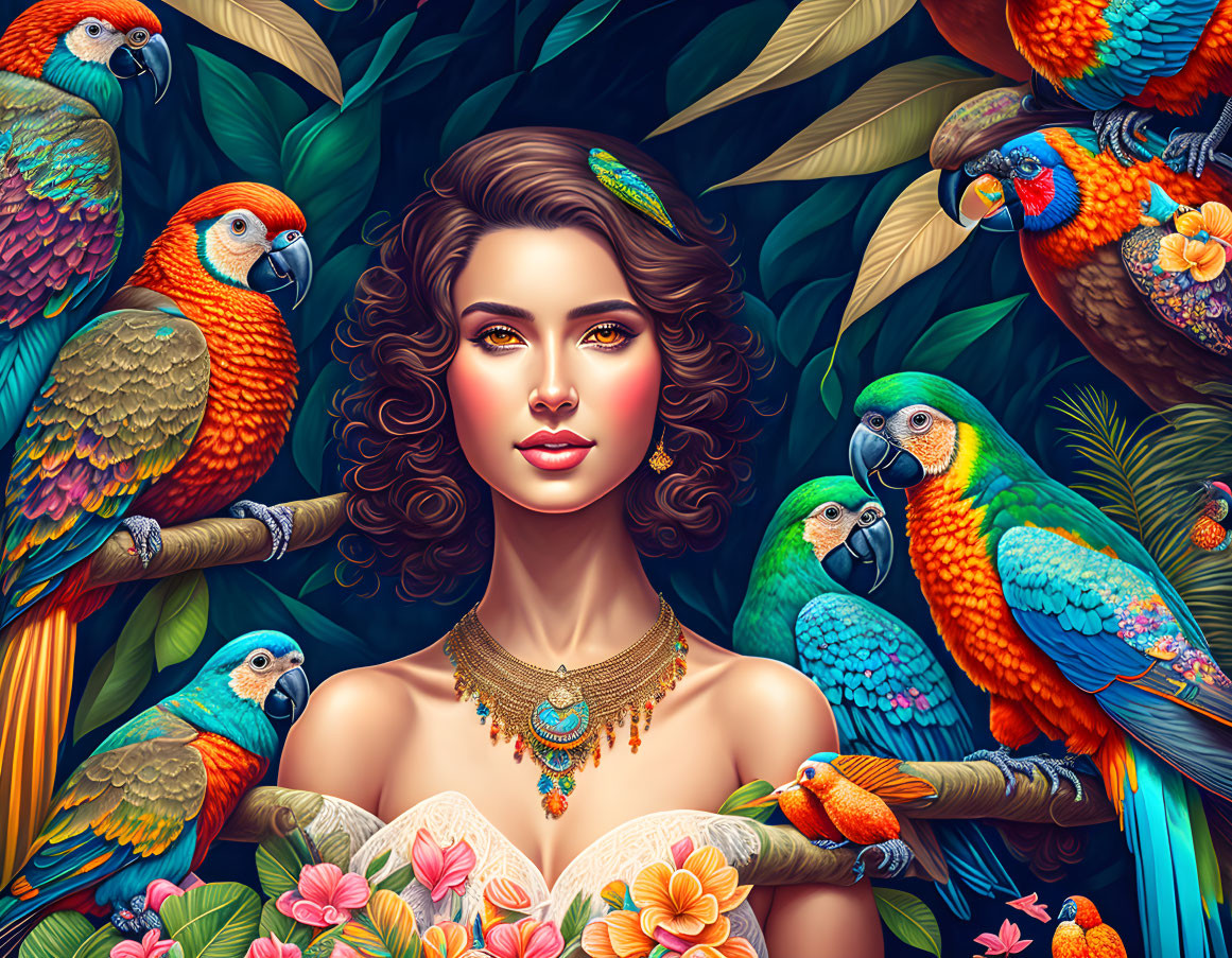 Woman with vibrant parrots, tropical flora, detailed necklace, and lush background