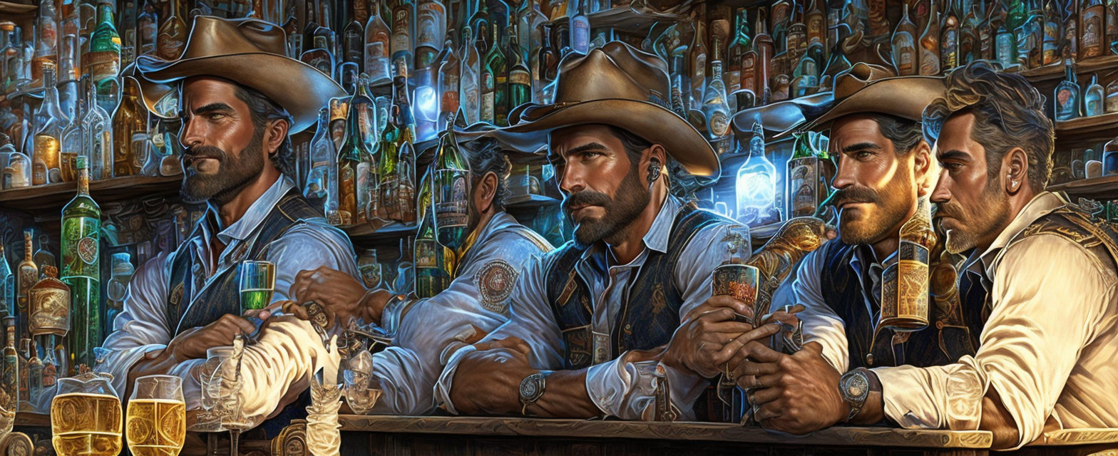 Four men in cowboy hats at a bar with drinks in a Western setting.