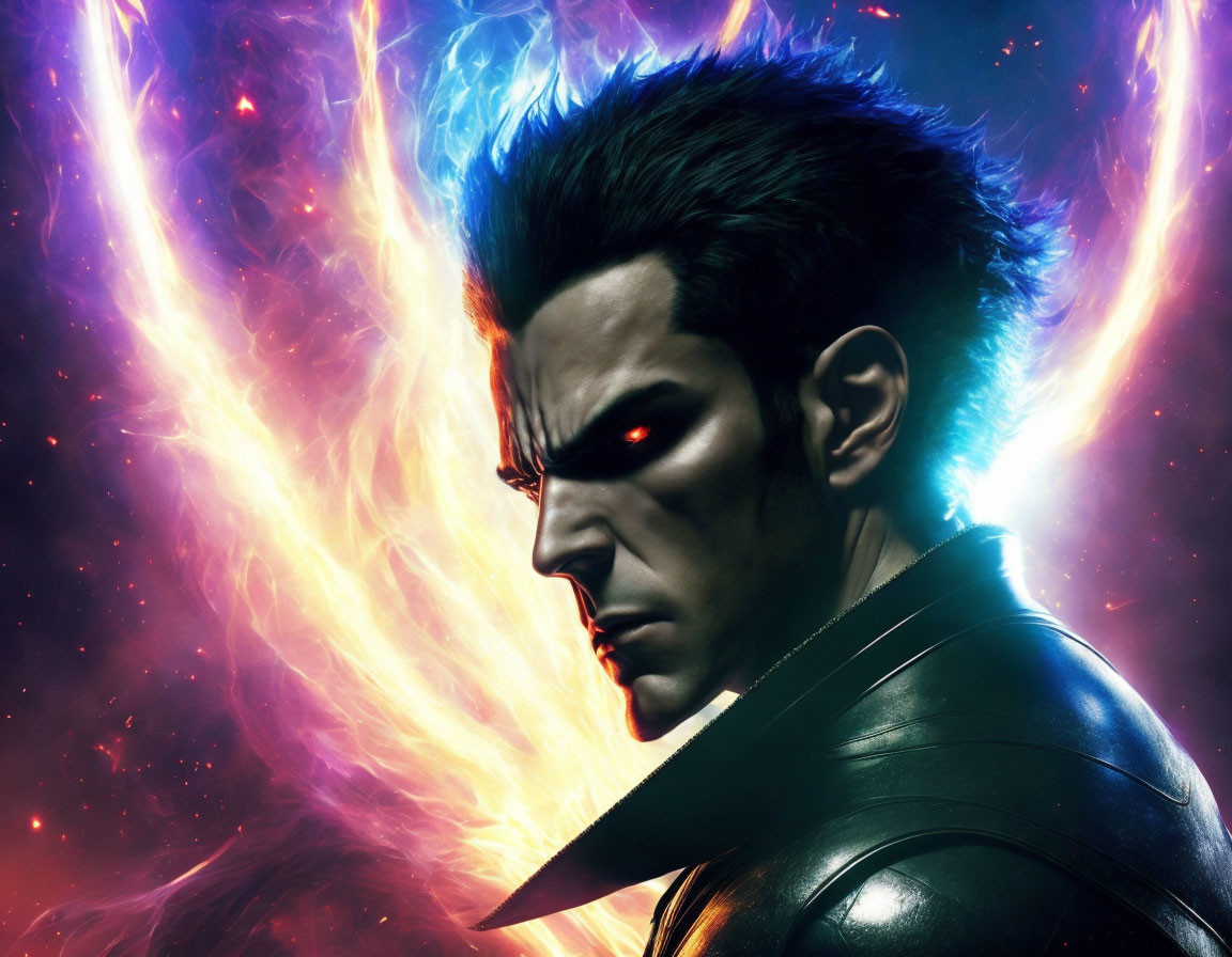 Male character with glowing red eyes in cosmic digital artwork