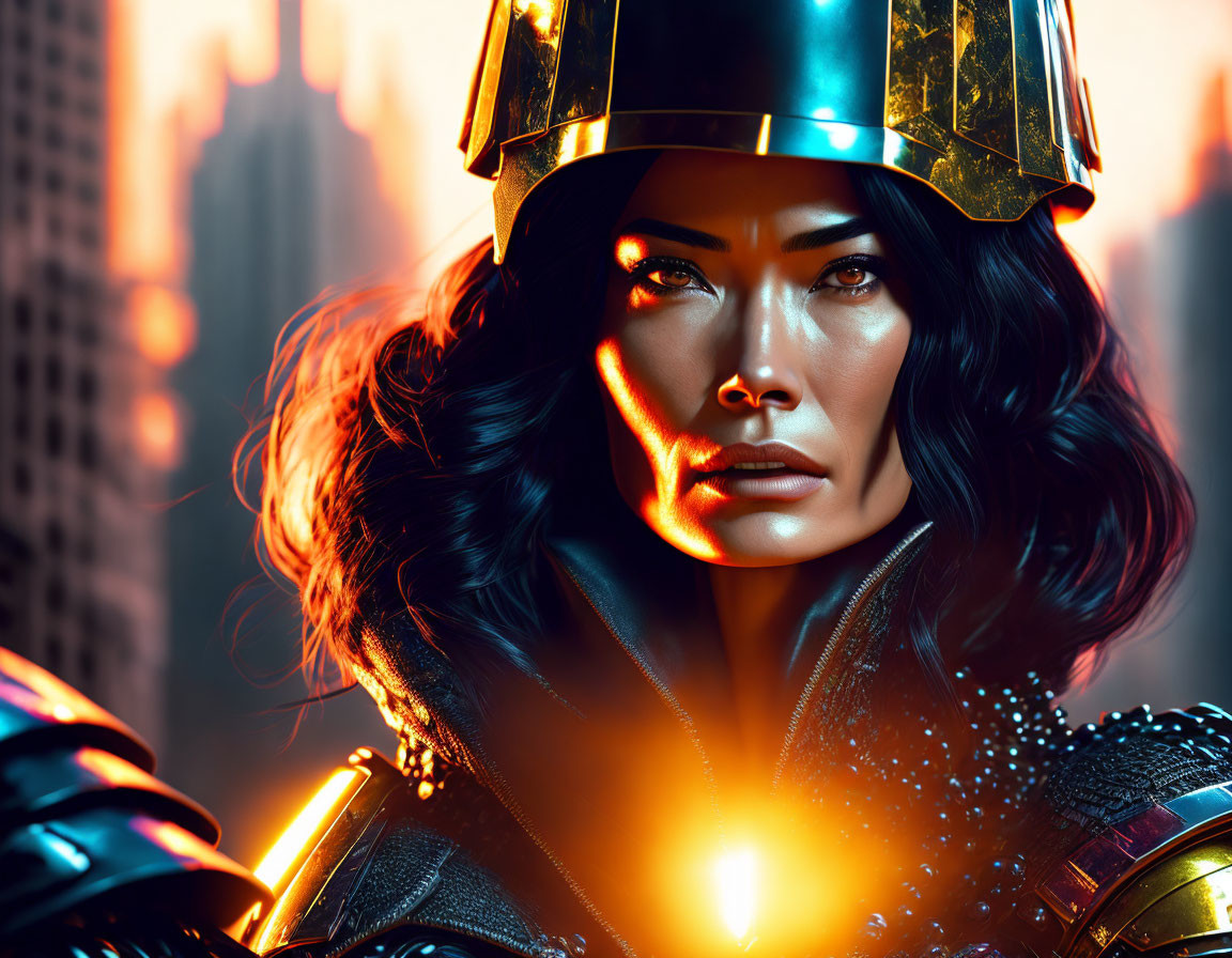 Futuristic armor-clad woman with intense eyes in digital art.