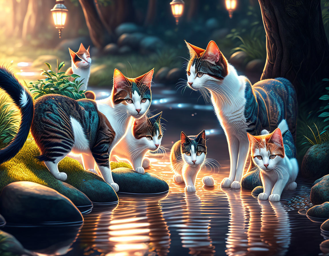 Mystical scene: Five cats with glowing eyes by enchanted stream