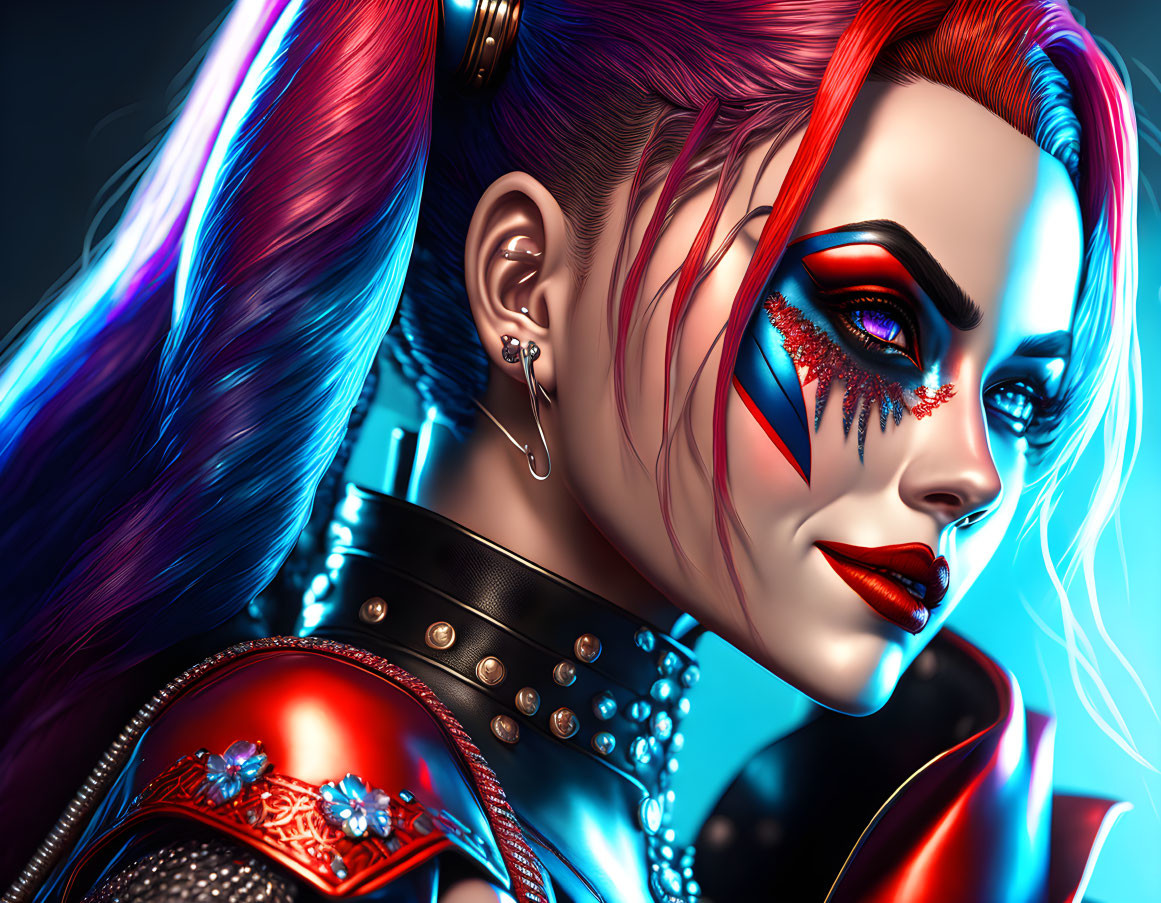 Colorful digital portrait of a woman with vibrant makeup and leather jacket