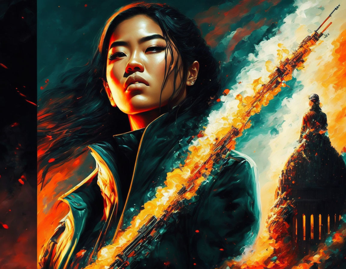 Digital painting of solemn Asian woman with sword against fiery backdrop