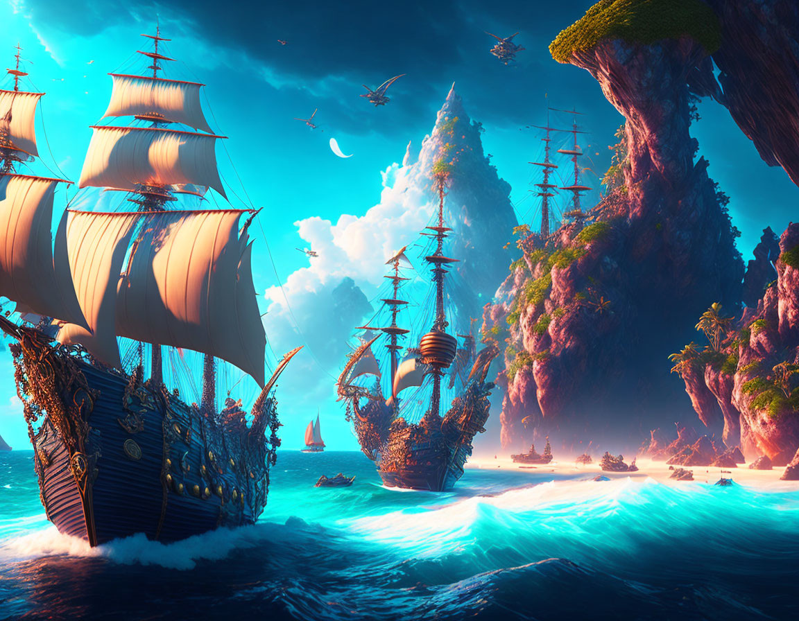 Fantastical seascape with tall ships, turquoise waters, rock formations, flying creatures