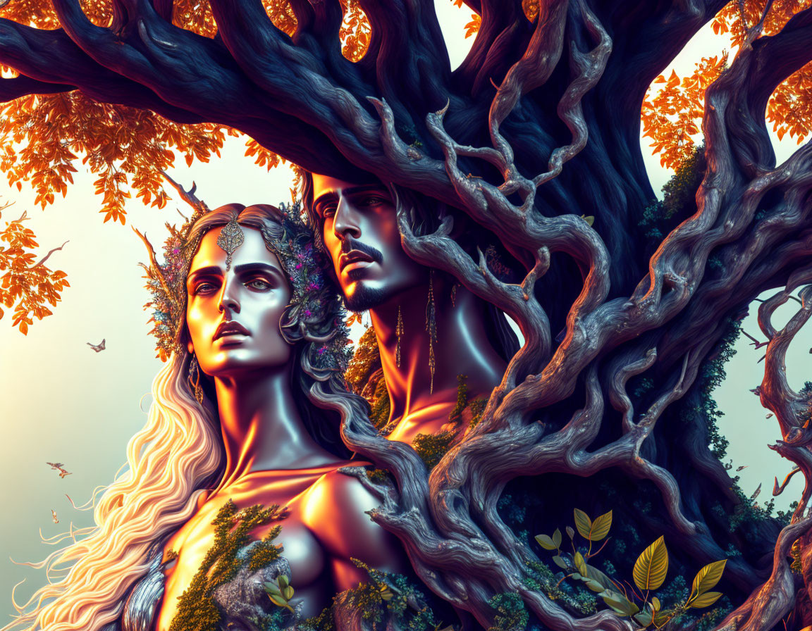 Digital art: Man and woman with nature-inspired skin, intertwined with ancient tree in autumn.