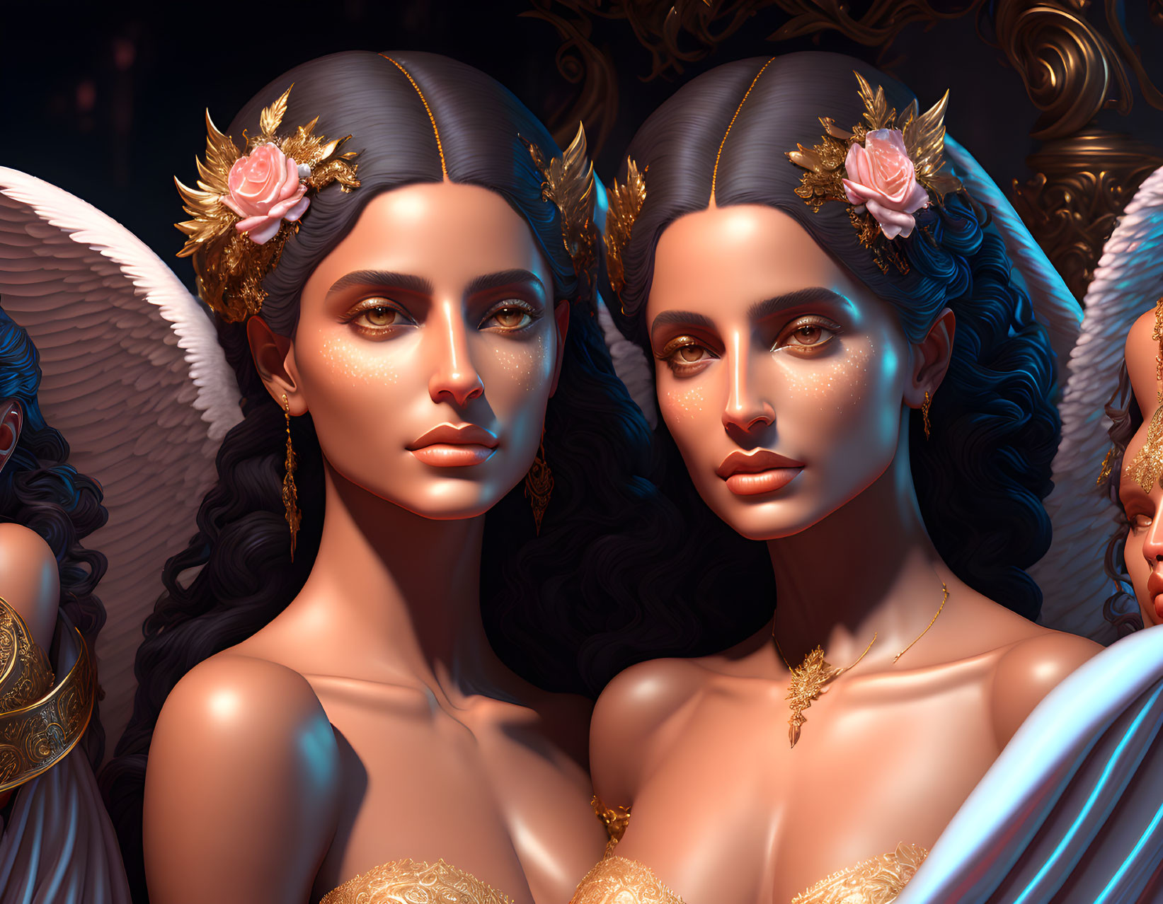 Identical female figures with golden accessories and floral hairpieces on dark background.