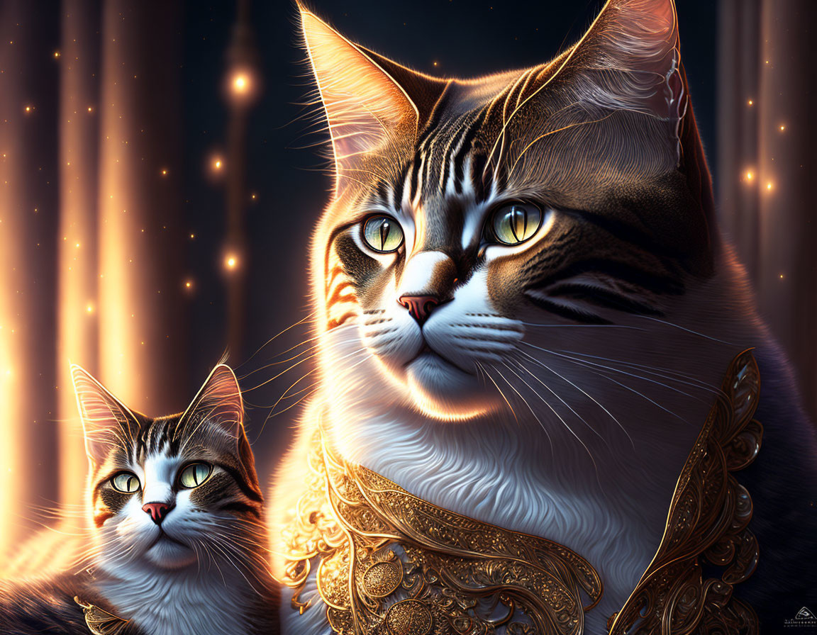 Detailed digital artwork featuring majestic cats with golden embellishments amid glowing lights