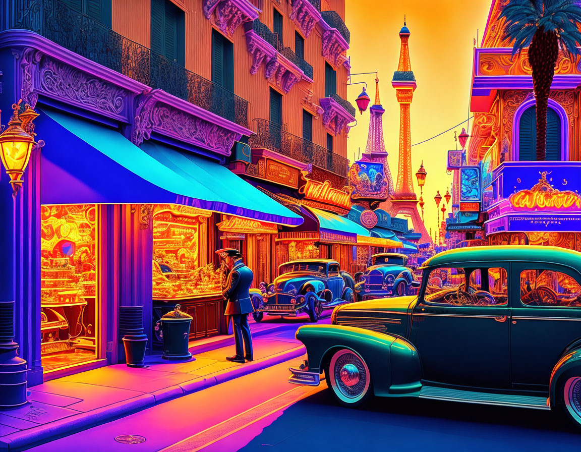 Neon-colored vintage cars and Eiffel Tower replica in street scene