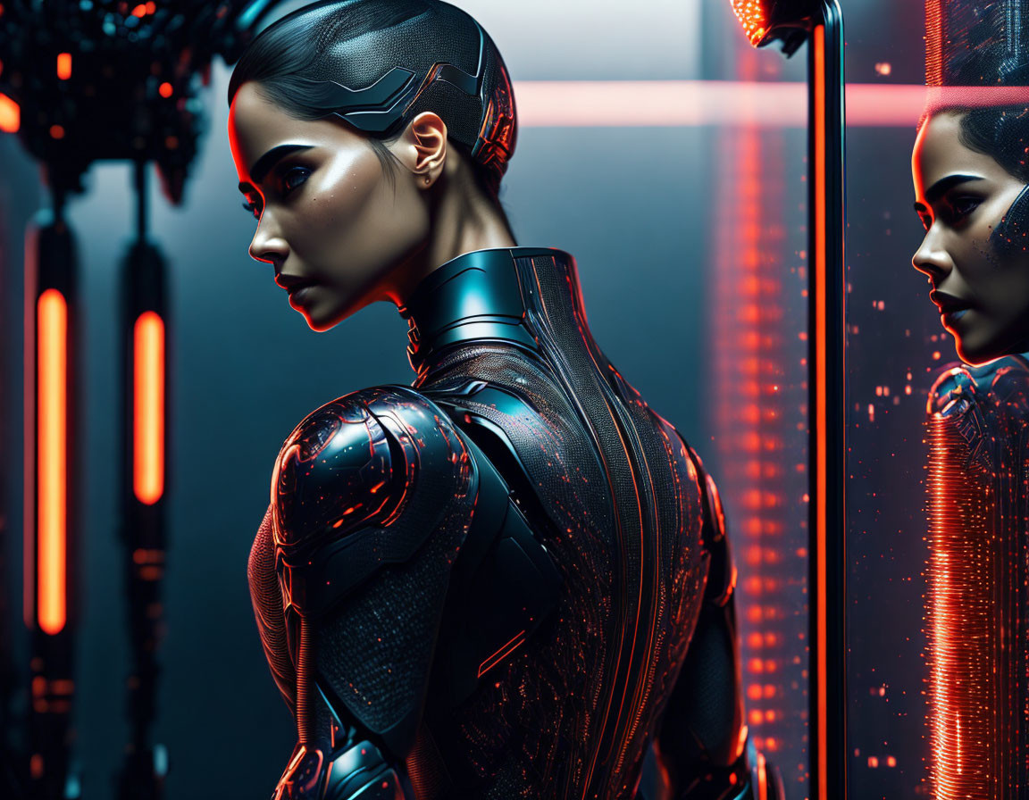 Futuristic female figure in black cybernetic suit with glowing patterns.