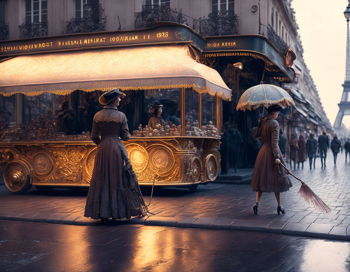 Vintage Parisian street scene with women in period attire near ornate golden carousel at dusk.