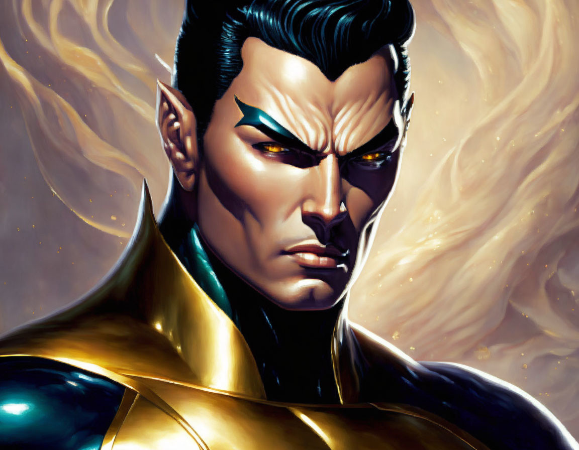 Digital artwork: Heroic male figure with slicked-back black hair, stern expression, black and gold